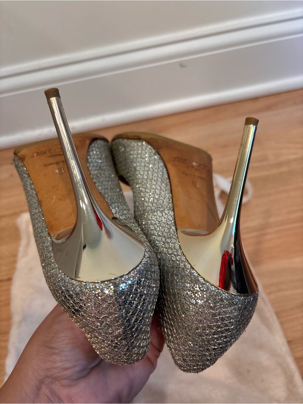 Jimmy Choo 100mm Abel Glitter Pointed Toe Pumps Heels Gold/Silver Champagne sz38 - Picture 8 of 13
